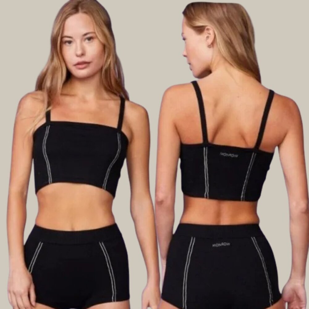 Monrow Tube Crop Knit Tank Top - Black - Size Small
